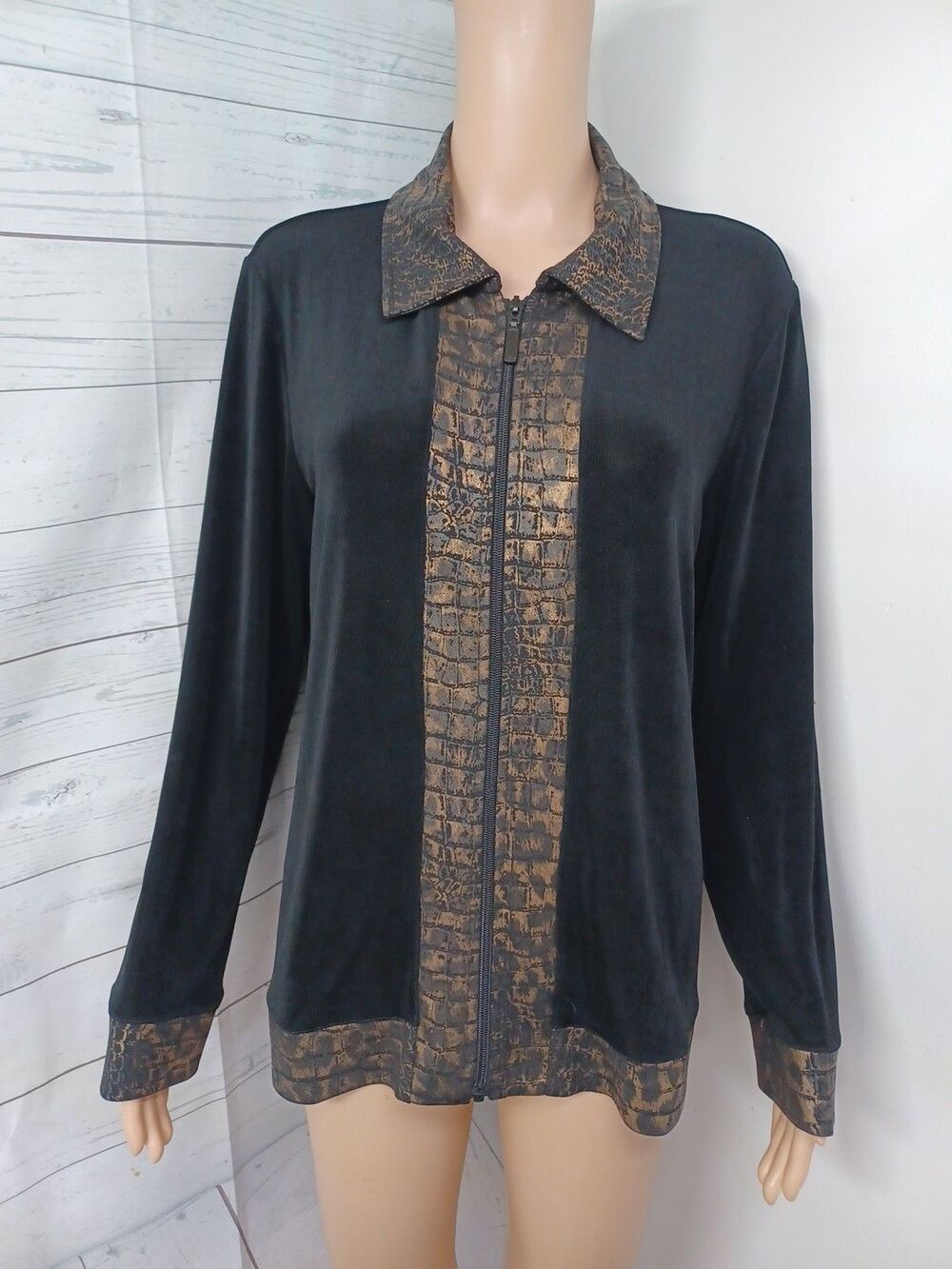 CHICOS Travelers Full Zip Up Cardigan Black Bronze Gray Black Sz 3 XL